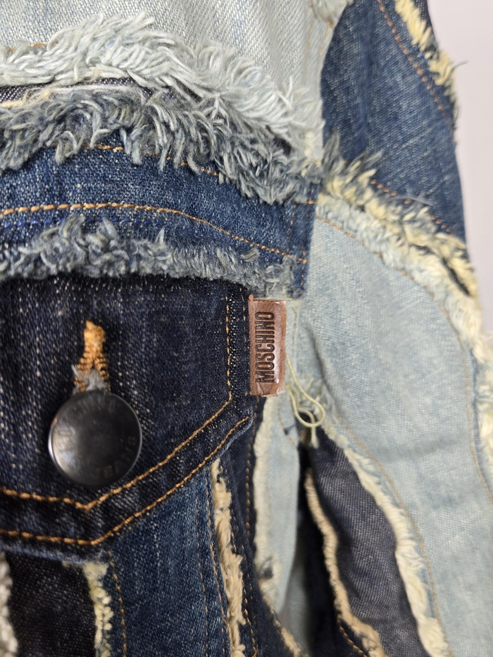 Rare Moschino Jeans Frayed Patchwork Denim Jacket Y2K Boho Grunge Size 8 Luxury - Picture 3 of 9